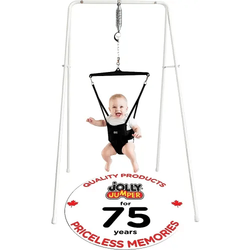 Jolly Jumper Classic (Black) with Stand - Original Baby Jumper, Indoor and Outdoor Exercise Saddle Seat, Adjustable Height, for Infants up to 28lbs