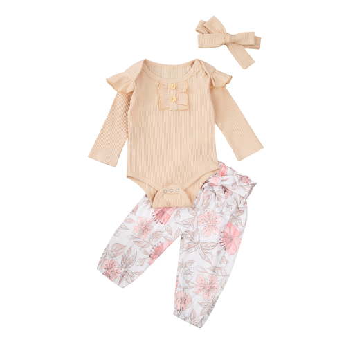 New Born Girls Ribbded Suit, Solid Lace Long Sleeve Top, Flower Printing Long Pants and Hairband 3-piece Suits