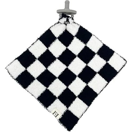 Checkered Baby Lovey Pacifier/Teether Holder 10"x10" - DreamSoft Plush Fluffy Cuddly Soothie Reversible Mini Comfort Blanket - Cute Newborn Gift Essential for Babies Boys and Girls (Black/White)