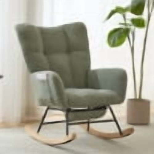 Leumius Nursery Rocking Chair with Footrest,Teddy Fabric Upholstered Glider Rocker Chair with High Backrest,Side Storage Pocket & Solid Wood Legs,Comfy Accent Chair for Living Room Bedroom,Green