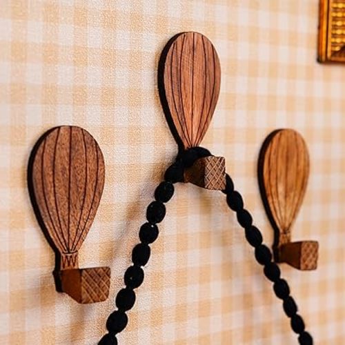 Indian Shelf Hot Air Ballon Decorative Wood Adhesive Wall Hooks for Coats – 3 Hat Hook 6 Strips, Waterproof Towel Holder, No-Drill Hangers for Bathroom – Cute Kids Key Holder for Wall