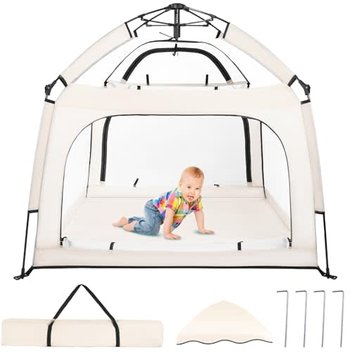 Baby Playpen with Canopy, Square Toddler Beach Tent (Beige) | Portable Infant Play Yard, Mosquito Net, Indoor and Outdoor, Instant Installation, Pop Up, Travel Bag