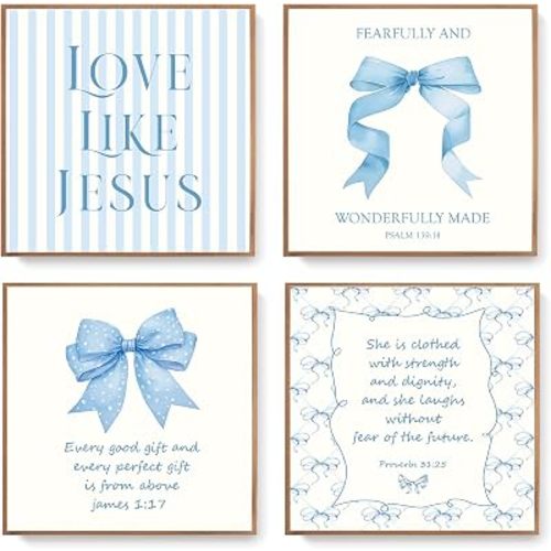 LARTSFRO Coquette Pink Bow Jesus Wall Art Decor Posters, Pink Bow Room Bedroom Bathroom Dorm Wall Art Decor Aesthetic for College Teen Girls Gifts, Inspirational Bible Verses Bow Wall Decor, 10x8 Inch Set of 4 Pcs Bow Pictures (WOOD-GRAIN FRAMED)