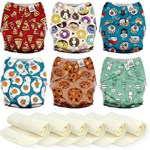Mama Koala 3.0 Cloth Diapers for Babies, 6 Pack One Size Washable and Reusable Pocket Diapers for Newborns and Toddlers (Food Meeting)