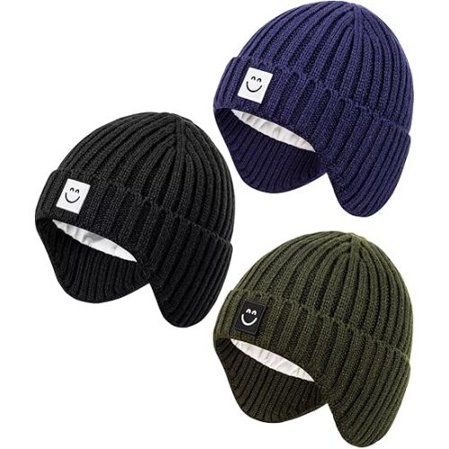 Alepo 3 Pack Baby Beanie Hats with Earflaps, 2 Size Baby Winter Hat for Toddler Kids, Fleece Lined Knit Hat for Girls Boys