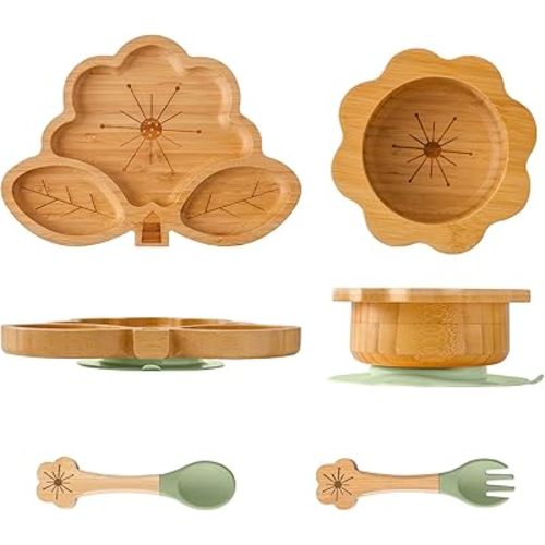 Bamboo Suction Plates Bowls Set for Baby Toddler - Includes Bamboo Bowl, Divided Plate, Silicone Fork & Spoon, All-Natural Baby Feeding Set for Baby-Led Weaning