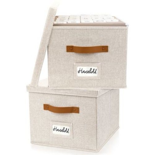 ZICOTO File Organizer Box Set of 2 – Collapsible Linen Filing Boxes with Handles & Lid