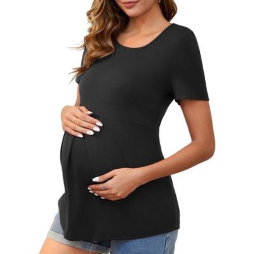 INSPIRE CHIC Women's Maternity Top Short Sleeve Crewneck Wrinkle Design Blouse Waist Tiered Pregnancy T-Shirt Medium Black