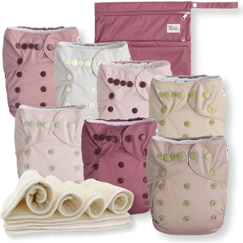 Nora's Nursery Cloth Diapers 7 Pack with 7 Inserts & 1 Wet Bag - Waterproof Cover, Washable, Reusable & One Size Adjustable Pocket Diapers for Newborns and Toddlers - Ballet Slippers