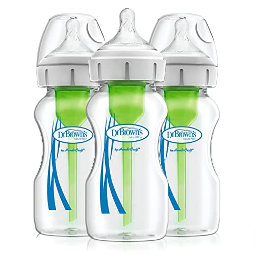 Dr. Brown's Natural Flow Anti-Colic Options+ Wide-Neck Glass Baby Bottles 9 oz/270 mL, with Level 1 Slow Flow Nipple, 3 Pack, 0m+