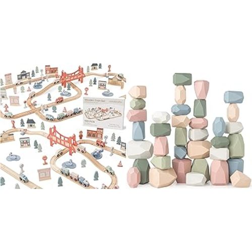 100-Piece Wooden Train Set and Stacking Rocks 36 Pieces Bundled by Comfy Cubs
