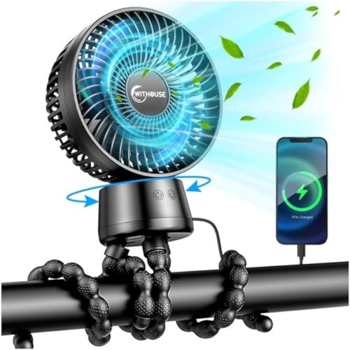 20000mAh Portable Stroller Fan with Auto Oscillating, Extended Anti-Slip Detachable Flexible Tripod, Backup Power & LED Light, 3-Speed Quiet Long Time Clip On Fans for Baby Crib Car Seat Travel