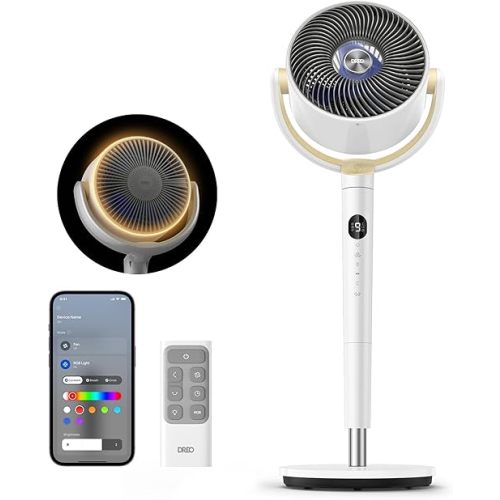 DREO Smart Fan for Bedroom, 120° +120° Omni-Directional Oscillating Fans, 100ft Quiet Pedestal Fan with RGB Light, 9 Speeds, 6 Modes, 8H Timer, Wi-Fi/Voice/Alexa, 35-40" Floor Fans with Remote