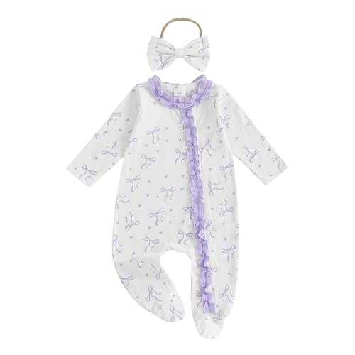 BULINGNA Newborn Baby Girl Coming Home Outfit Bow Print Jumpsuit Ruffle Zipper Footed One-Piece Romper Clothes with Headband