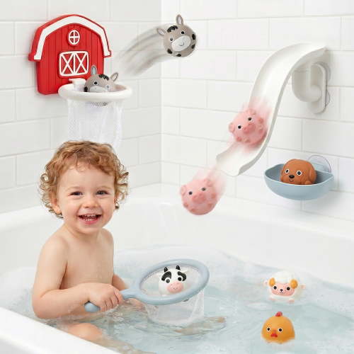 10-Piece No-Hole Farm Bath Toys for Toddlers 1-3, Bathtub Slide with Basketball Hoop and 6 Animals, Mold Free Easy Clean Water Gift Set