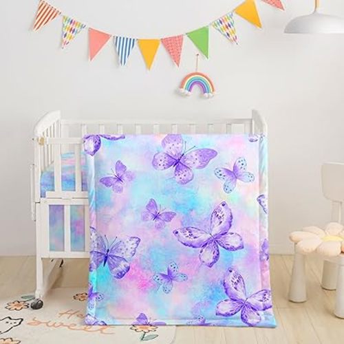 Crib Bedding Set, 3-Piece Nursery Crib Bundle with Comforter, Crib Sheet & Skirt, Watercolor Butterfly Printed Bedding for Baby Boys & Girls (Butterfly Purple)