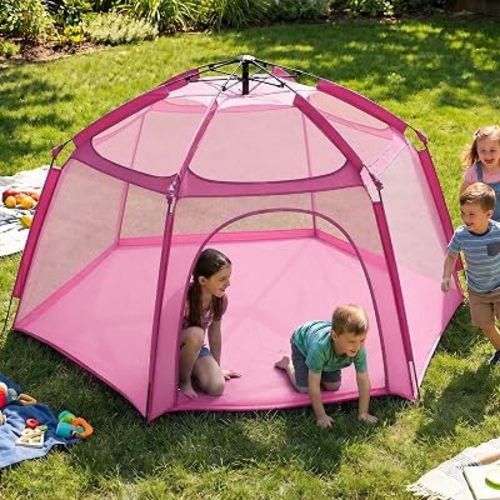 Alvantor® Pop Up Playpen 7'x7'x44”Baby Playpens Large Kids Play Tent Portable, Foldable Playpen Indoor/Outdoor Mesh Play Yard, Infant Mosquito Net, UV SPF 50+ Sunshade, Soft Foam Floor, Pink