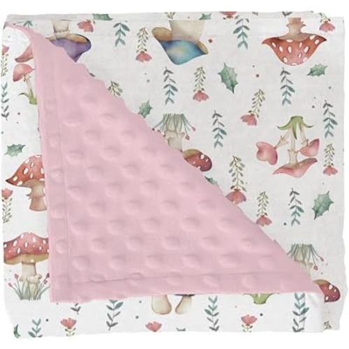 Fairytale Mushroom Baby Blankets for Girl Boy Colorful Mushrooms Floral Leaves Soft Mink Dotted Backing Double Layer Swaddle Blanket for Toddler Nursery Magical Plant Bed Blanket Crib 30x40