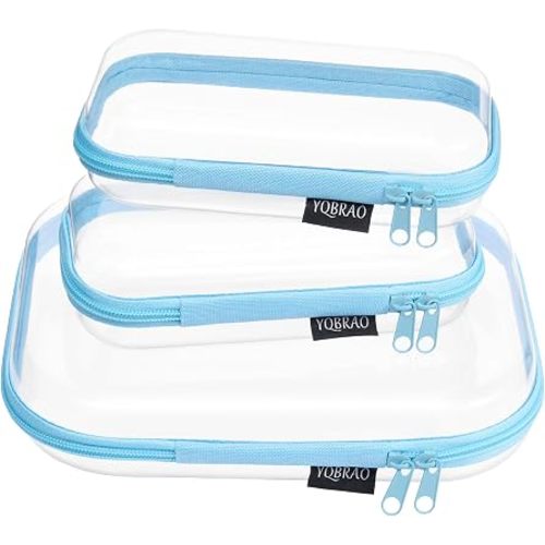 YQBRAO 3-Pack Clear Hard Shell Zipper Case - Blue Edition, 1.2mm Heavy-Duty Crush-Proof Travel Makeup Bag, TSA Approved Clear Zipper Pouches, Rigid Diaper Bag Organizer for Tech & Daily Essentials