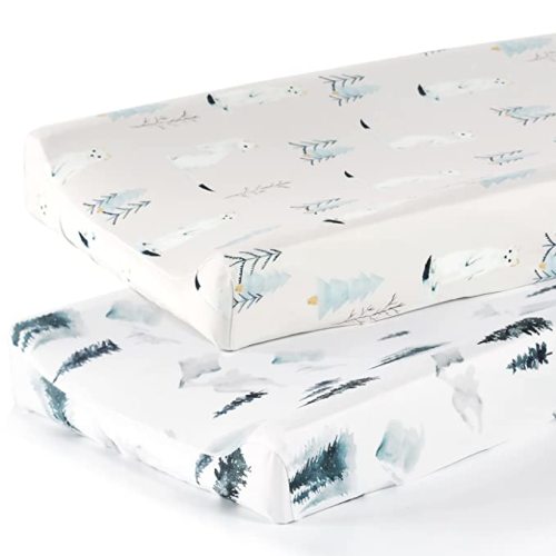 GRSSDER Stretch Ultra Soft Jersey Knit Changing Pad Cover Set 2 Pack, Change Table Pad Covers Fit 32"/34" x 16" Pads Safe and Snug, Sea Fish Print for Girls and Boys