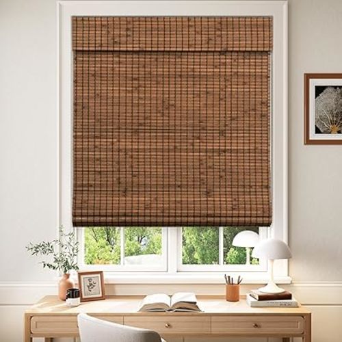 LazBlinds Cordless Blackout Bamboo Roman Shades, 40x64, Penang Teak