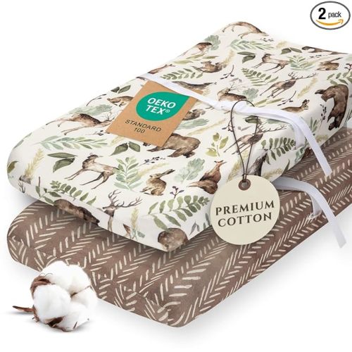 Pobibaby - 2 Pack Premium Changing Pad Cover - Ultra-Soft Cotton Blend, Stylish Woodland Pattern, Safe and Snug for Baby (Wildlife)