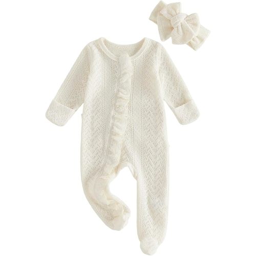 Seyurigaoka Newborn Baby Girl Footed Romper Ruffle Long Sleeve Zipper Jumpsuit Infant Fall Winter Going Home Outfits
