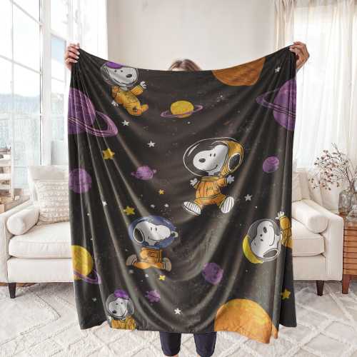 Minky Blanket, Sherpa Fleece, Velveteen Plush, Snoopy The Astronaut, Outer Space Adventure, Galaxy Planets Kids Room Decor, Birthday Gift