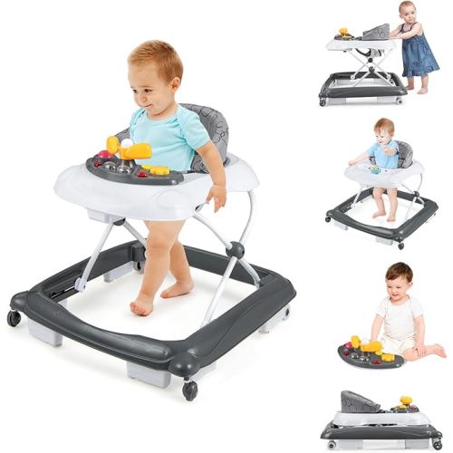 BABY JOY Foldable Baby Walker, Toddler Activity Center Push Walker with 3 Adjustable Heights, Comfy Padded Seat, Lights and Music Tray, Baby Standing Toy with Wheels for 7-14 Months (Grey)