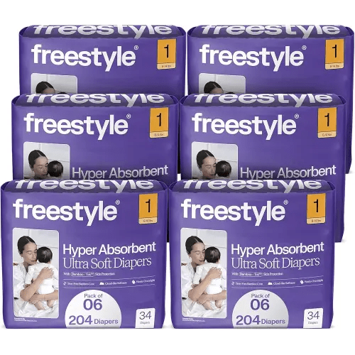 Freestyle BambooTek Diapers - (Size 1) Hyper Absorbent & Non-Toxic – Disposable Diapers for Sensitive Skin – Ultra Soft Diapers (8-14 lbs) – 204 Count