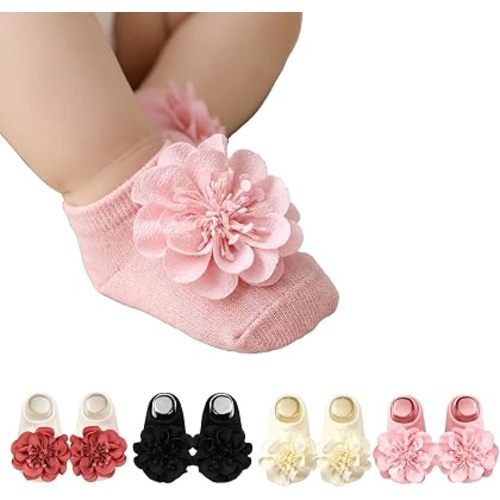 4 Pairs Baby Girl Non-Slip Flower Grip Socks, Soft Cotton Breathable Ankle Socks for Newborn Toddler Princess Cotton Breathable Ankle Socks for Newborn