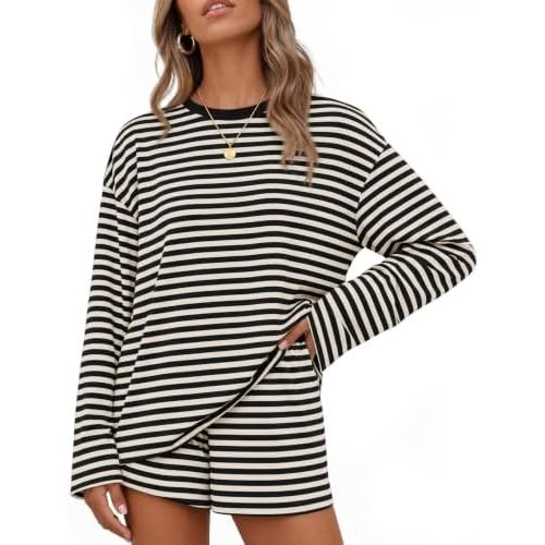 ZESICA Womens 2 Piece Striped Short Sets Fall Lounge Outfit