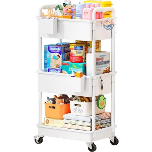 SUNALLY Baby Diaper Caddy Cart, 3 Tier Rolling Diaper Cart with Lockable Wheels for Nursery Essentials, Large Capacity & Easy Assemble Diaper Storage Organizer for Newborn,New Mom, White