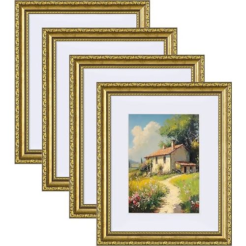 eletecpro 8x10 Picture Frames Set of 4, Vintage Photo Frame with Glass, Gold Frames 8 x 10 Display 5x7 Photo with Mat or 8x10 without Mat for Tabletop or Wall Decor, Gold