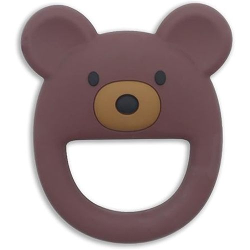 Bear-Shaped Silicone Teether for Baby 0–12 Months, Soft Textured Teething Ring with Easy-Grip Open Design, One-Piece Food-Grade Silicone Teething Toy for Infants (Brown)