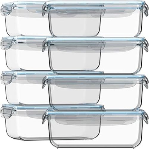 Razab 16 Pc (Set of 8) 30 Oz Glass Meal Prep Containers with Lids, Airtight Large Glass Food Storage Containers, Reusable Leak Proof BPA Free, Freezer to Oven and Dishwasher Safe