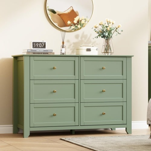 6 Drawer Dresser with Metal Knobs, 47.2" Wide Wooden Double Storage Chest for Bedroom Entryway Hallway