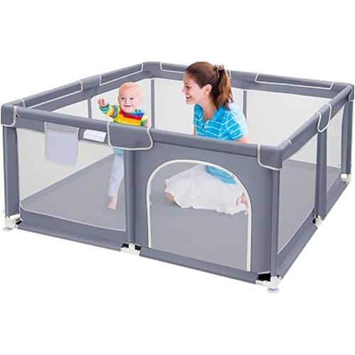 Suposeu Baby Playpen, Play Pen for Kids Activity Center, Large Baby Playard for Indoor and Outdoor, Sturdy Safety Baby Fence with Soft Breathable Mesh for Toddler, Grey