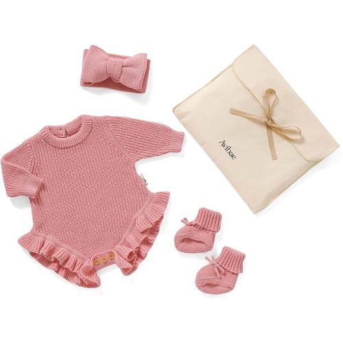 Avibae Cotton Newborn Set with Knit Sweater, Hair Band, Booties, Baby Girls