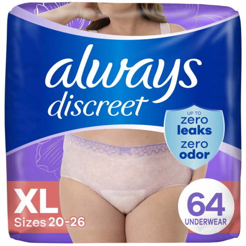 Always Discreet Adult Incontinence Underwear for Women and Postpartum Underwear, XL, Up to 100% Bladder Leak Protection, 64 Count