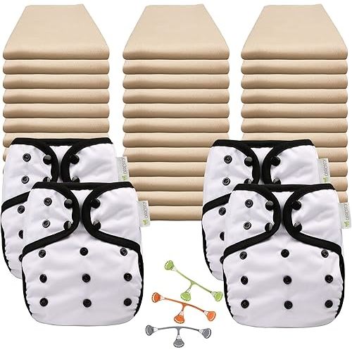 OsoCozy Economy Organic Flat Cloth Diaper Package - 36 Organic Cotton Birdseye Weave Flat Nappies, 3 Snappi Fasteners, 4 OneSize Diaper Covers (4 Polar White)
