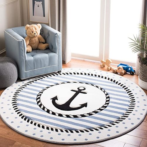 SAFAVIEH Carousel Kids Collection Area Rug - 6'7" Round, Ivory & Navy, Non-Shedding & Easy Care, Ideal for High Traffic Areas for Boys & Girls in Playroom, Nursery, Bedroom (CRK124A)