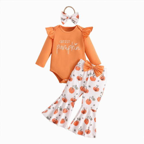 JUMEYU Newborn Fall Outfit Sets Baby Going Home Outfit Girl Winter Long Sleeve Romper Flared Pants Headband Set 3pcs Baby Girl Outfit 0 3 6 9 12 18 Months (Orange,6-12 Months)