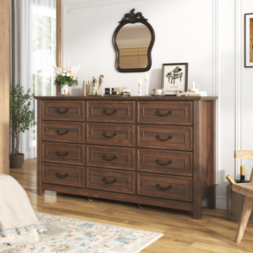 Winston Porter 63" Farmhouse 12 Drawer Wood Dresser For Bedroom With Rustic Handle & Reviews | Wayfair