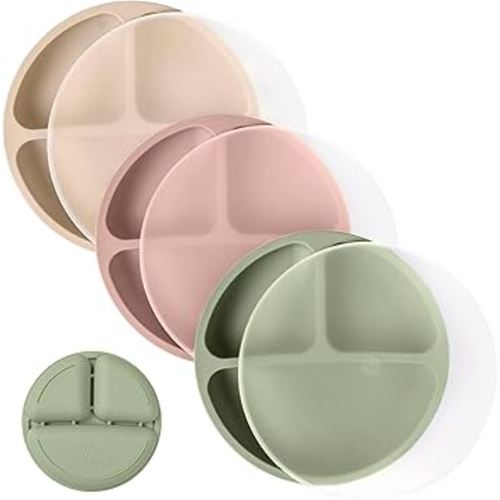 WeeSprout Silicone Plates with Lids for Babies & Toddlers (3 Pack) 100% Food-Grade Dishes for Self Feeding, Divided Design & Raised Edges for Picky Eaters, Dishwasher & Microwave Safe Weaning Supplies