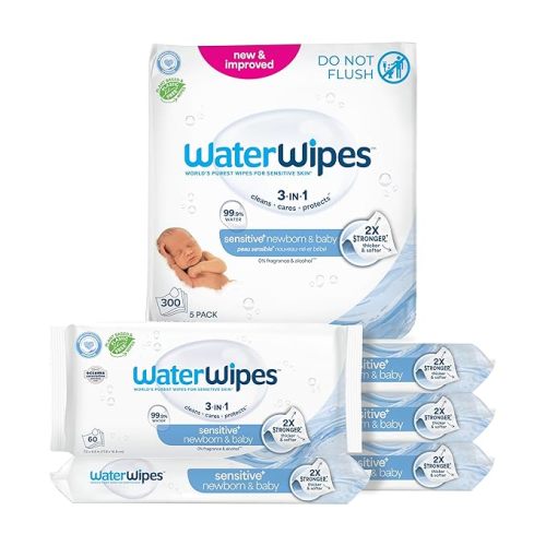 WaterWipes Sensitive+ Newborn & Baby Wipes, 3-In-1 Cleans, Cares, Protects, 99.9% Water, Unscented & Hypoallergenic, 300 Count (5 Packs)