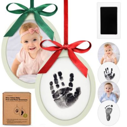 Bitsy Inkless Baby Hand and Footprint Kit, Two-sides Baby Christmas Photo Ornaments, Personalized Baby Keepsake Gifts (Oval/Sage)