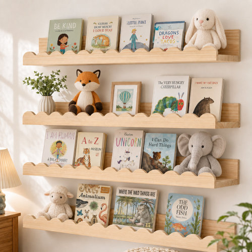 Trinx Four-Pack 23-Inch Wood Floating Shelves with Scalloped Edges, Wall-Mounted Nursery Book Display for Toddler, Baby, or Kids' Room | Wayfair