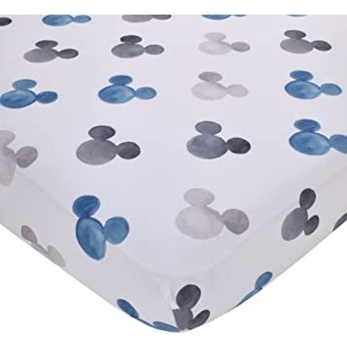 Everything Kids Disney Mickey Mouse - Black, White and Blue Watercolor Mickey Ears Nursery Polyester Fitted Crib Sheet