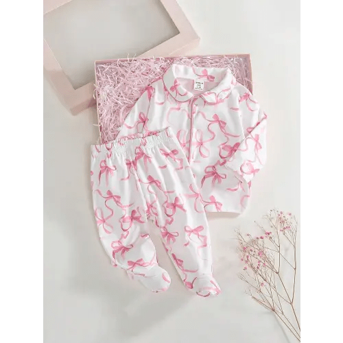 2pcs/Set Newborn Bow Full Print Pattern Collar Long Sleeve Footed Pants Pajama Set, Best Gift For Birthday | SHEIN USA